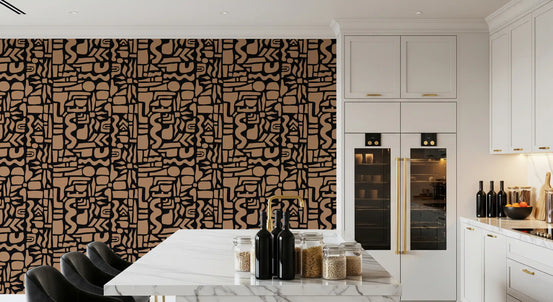 Abstract earth toned geometric wallpaper in a white kitchen with marble island and black chairs GD12479