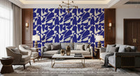 Cobalt geometric wallpaper in a classic living room with beige sofas and a chandelier GD12480