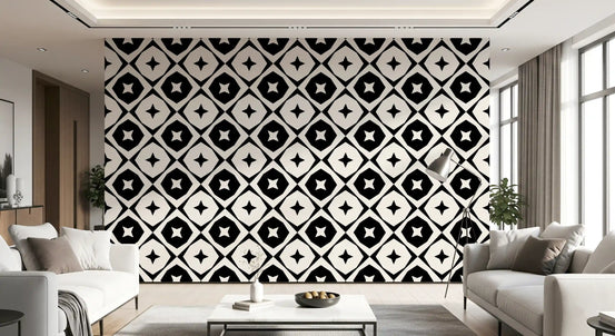 Monochrome star lattice wallpaper behind white sofas in a bright living room GD12481