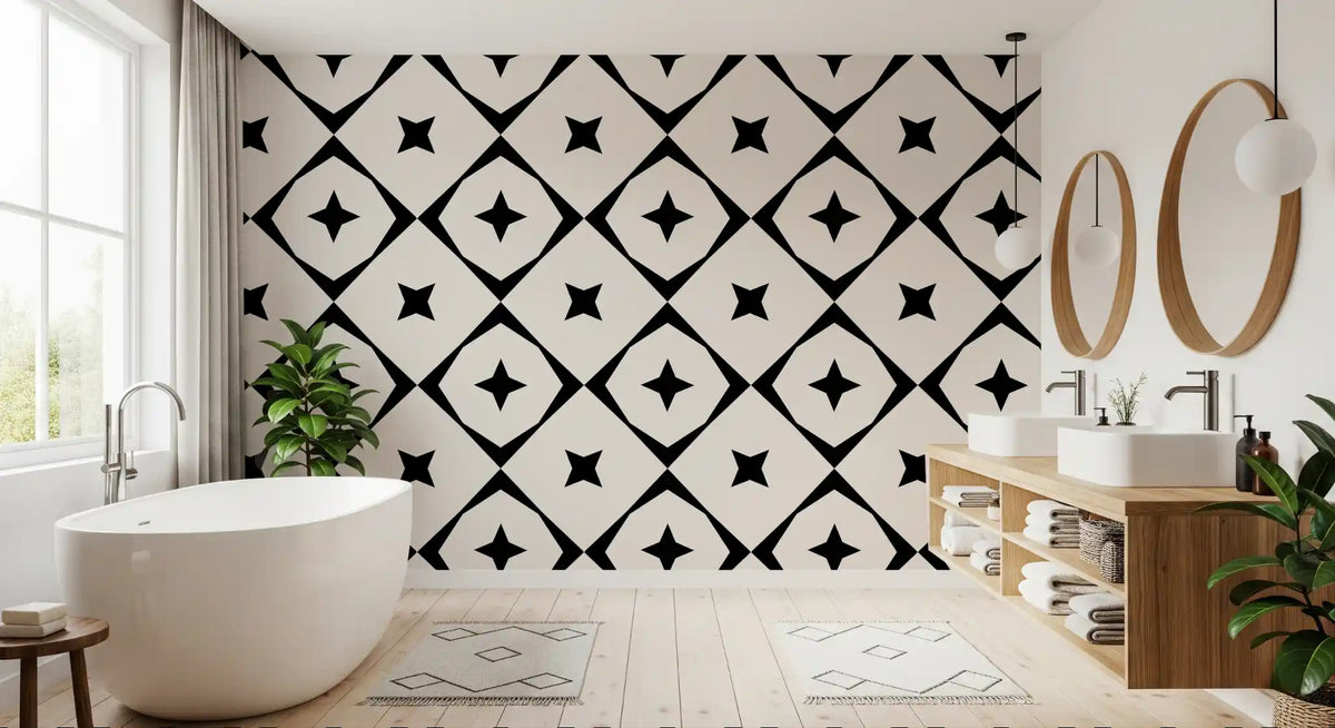 Monochrome star grid wallpaper in a bathroom with a freestanding tub and round mirrors GD12482