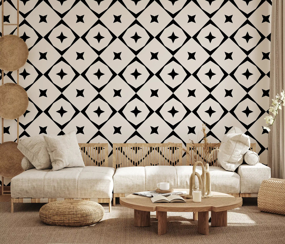 Geometric star grid wallpaper behind a cream sofa and low wooden table GD12482