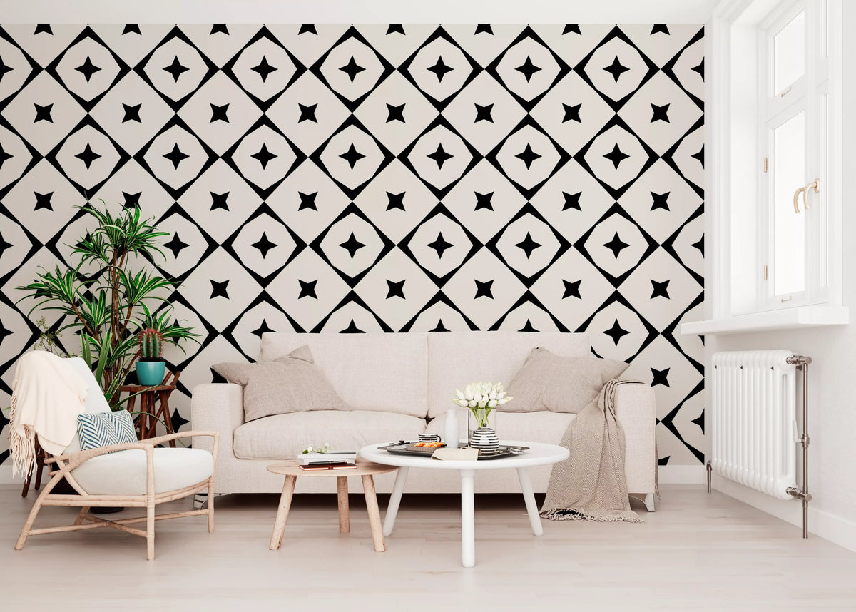Geometric star grid wallpaper in a scandi living room with a beige sofa and round tables GD12482