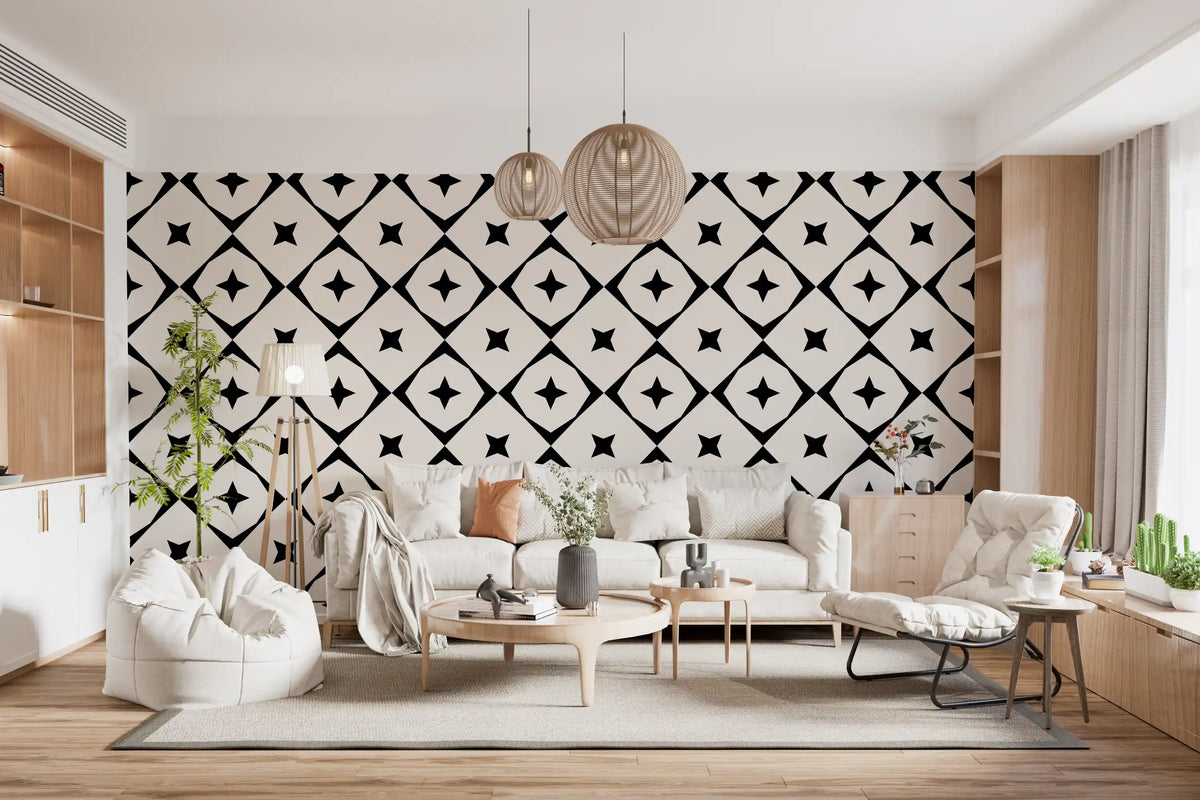 Monochrome star grid wallpaper behind a white sofa with pendant lights and plants GD12482