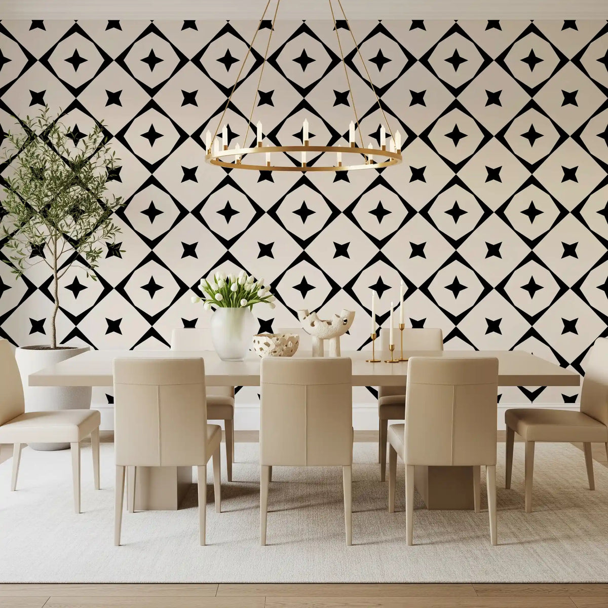 Geometric star grid wallpaper in a dining room with a long wooden table and chandelier GD12482