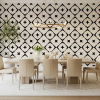 Geometric star grid wallpaper in a dining room with a long wooden table and chandelier GD12482