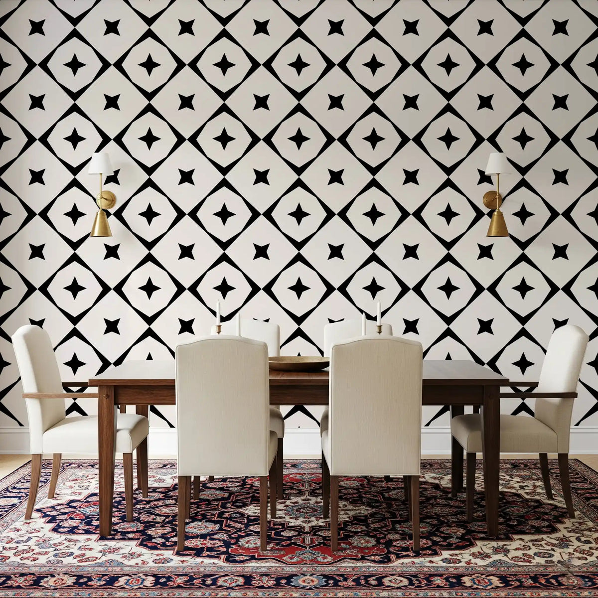 Monochrome star grid wallpaper in a dining room with white chairs and a patterned rug GD12482