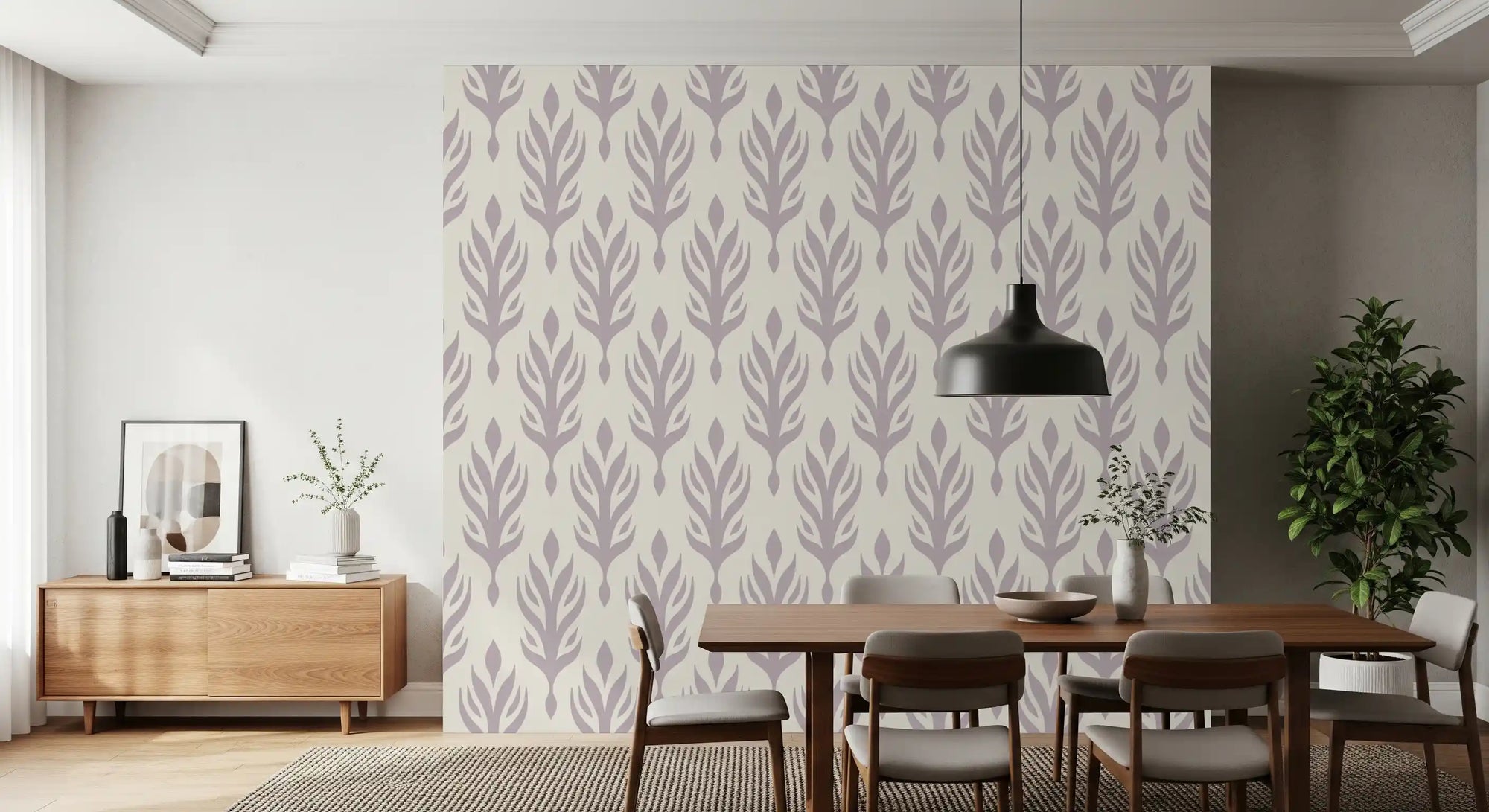 Soft lavender botanical wallpaper in a dining room with a wooden table and sideboard GD12483