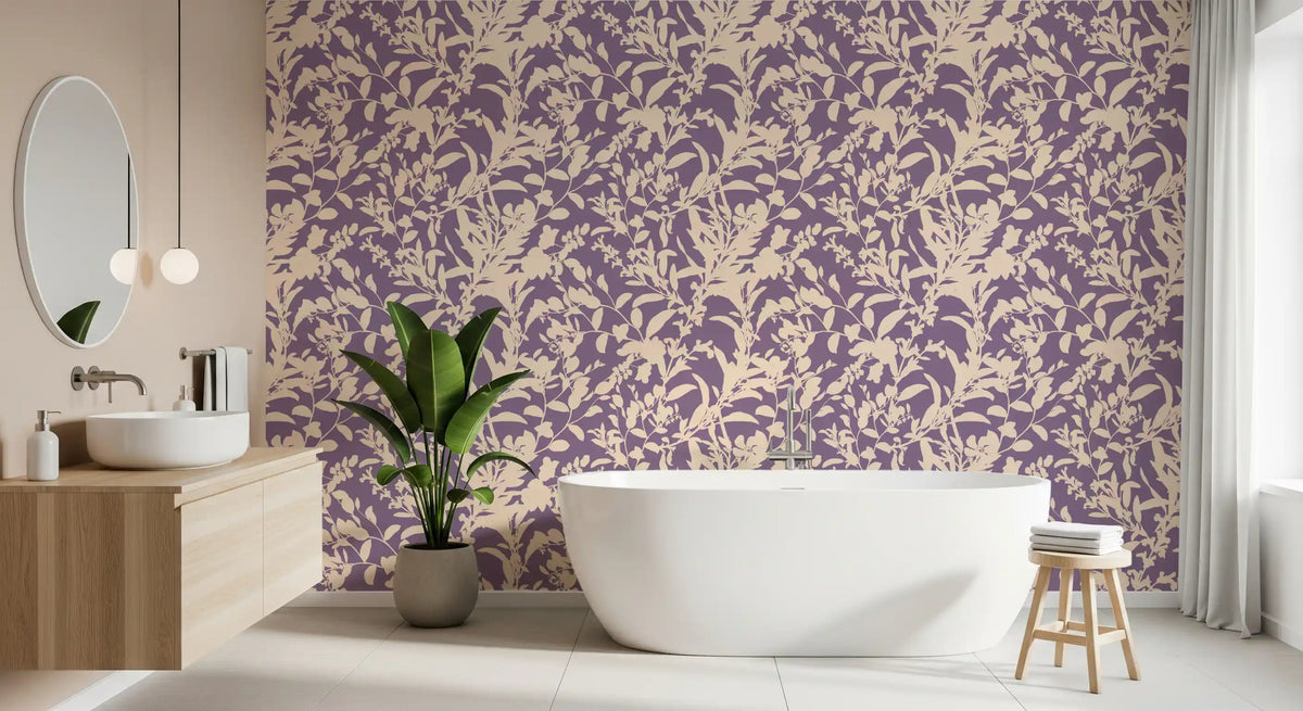 Purple botanical silhouette wallpaper in a bathroom with a freestanding tub and vanity GD12484