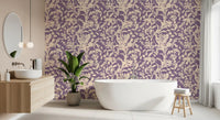 Purple botanical silhouette wallpaper in a bathroom with a freestanding tub and vanity GD12484