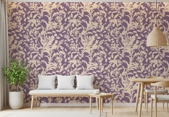 Purple and cream botanical silhouette wallpaper behind a white bench with cushions GD12484