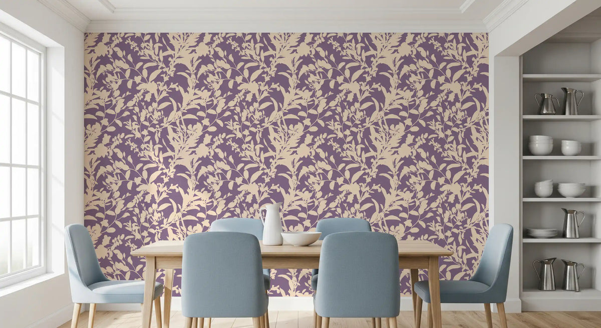 Purple and cream botanical silhouette wallpaper in a dining room with blue chairs GD12484