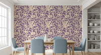 Purple and cream botanical silhouette wallpaper in a dining room with blue chairs GD12484