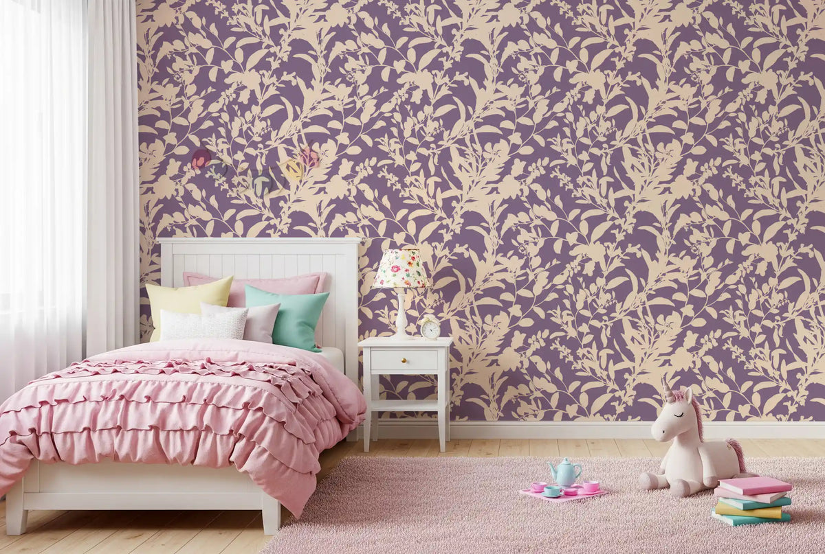 Botanical silhouette wallpaper in a girls bedroom with a pink ruffled bed and toys GD12484