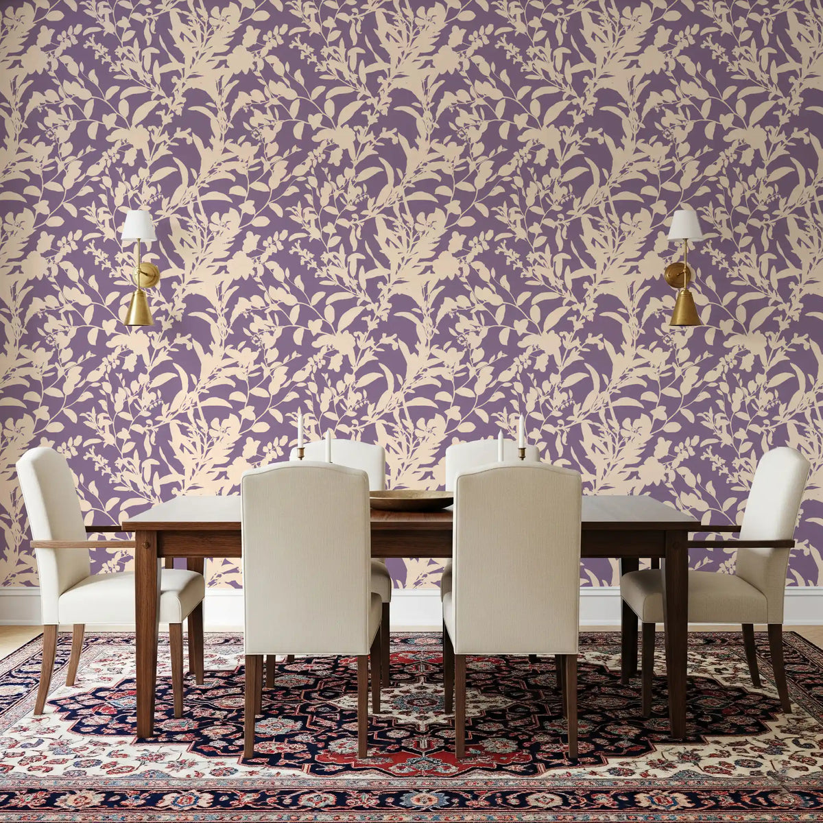 Botanical silhouette wallpaper in a dining room with cream chairs and a patterned rug GD12484