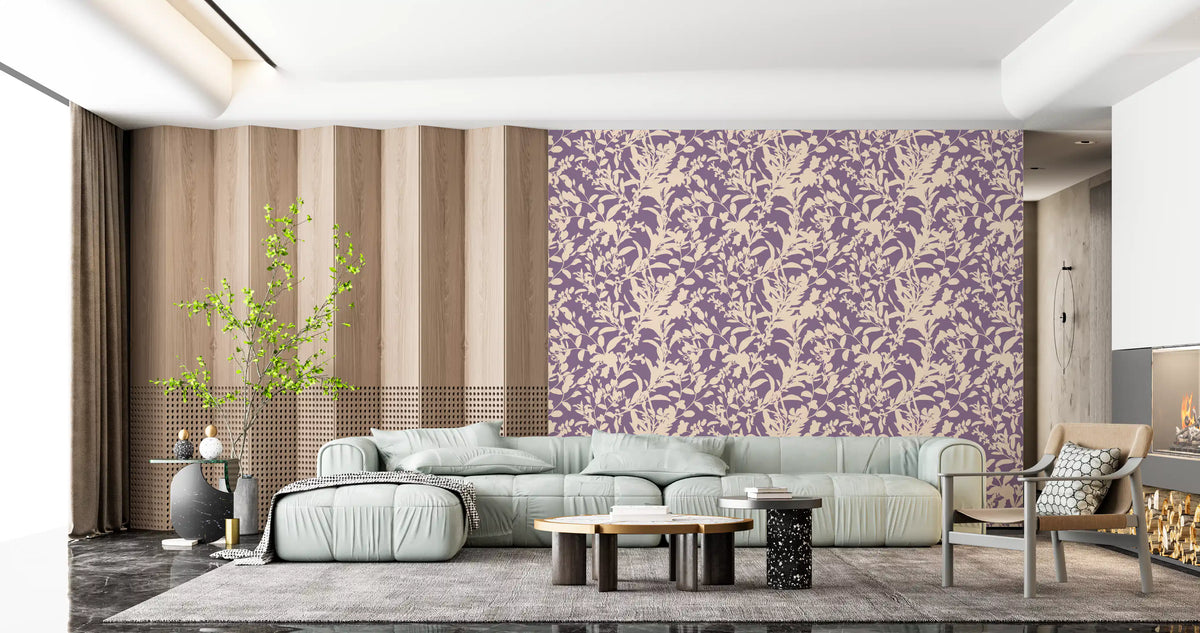 Cream botanical silhouette wallpaper behind a mint sofa near a fireplace GD12484