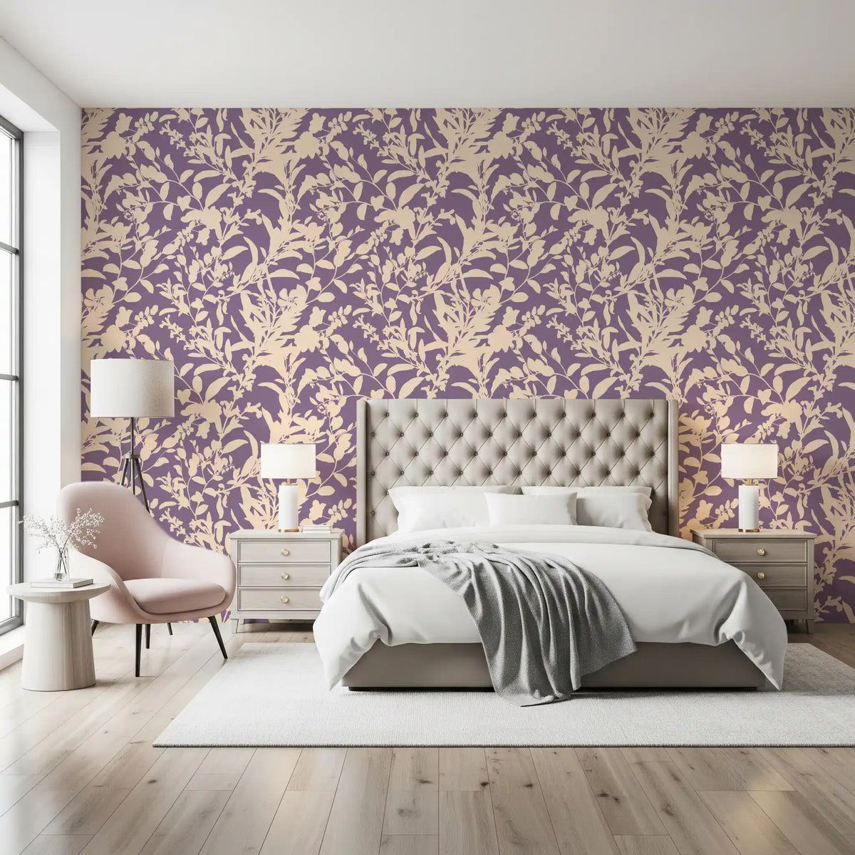 Botanical silhouette wallpaper behind a tufted bed with a pink accent chair GD12484