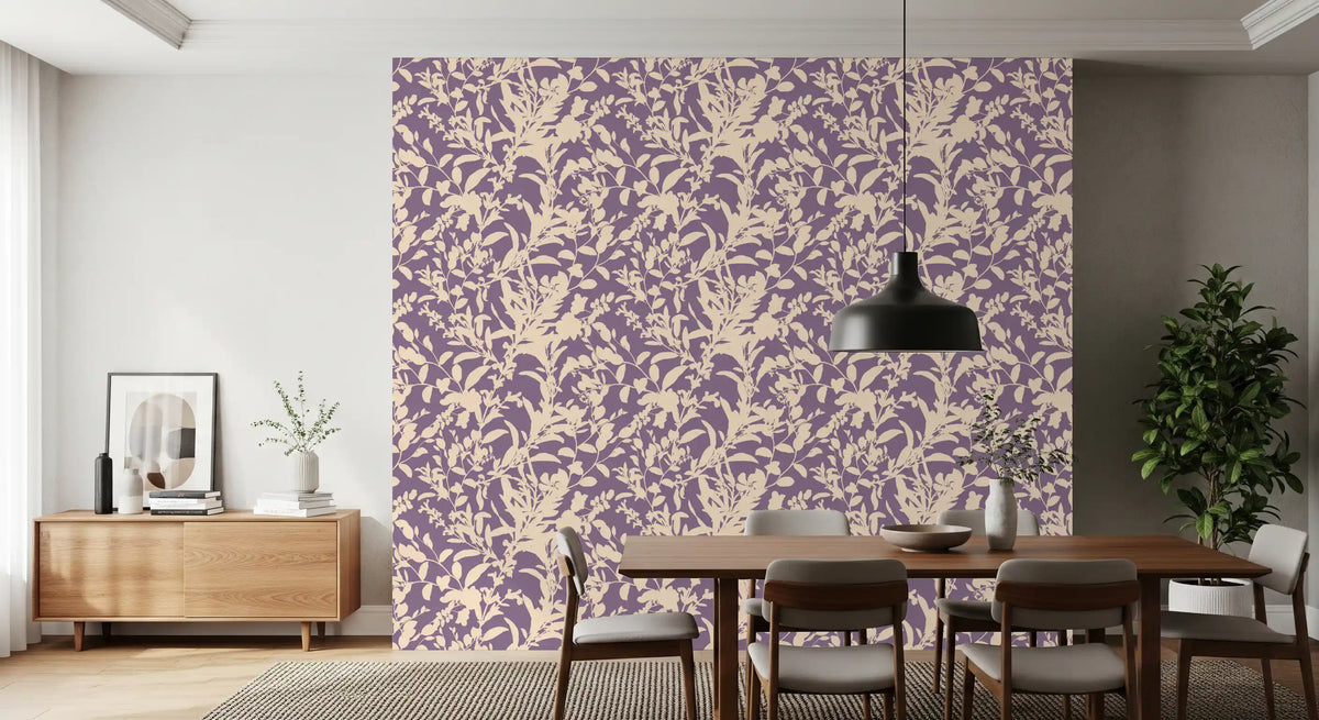 Botanical silhouette wallpaper in a dining room with a wooden table and sideboard GD12484