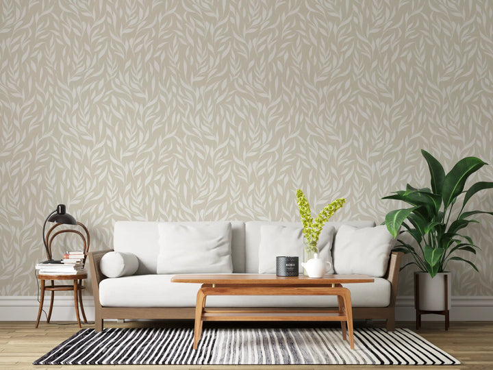 Serene Cream Botanical Leaves Wallpaper⁠