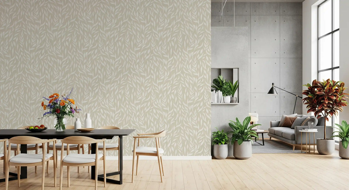 Botanical leaves wallpaper in a dining area with concrete accent and plants GD12486