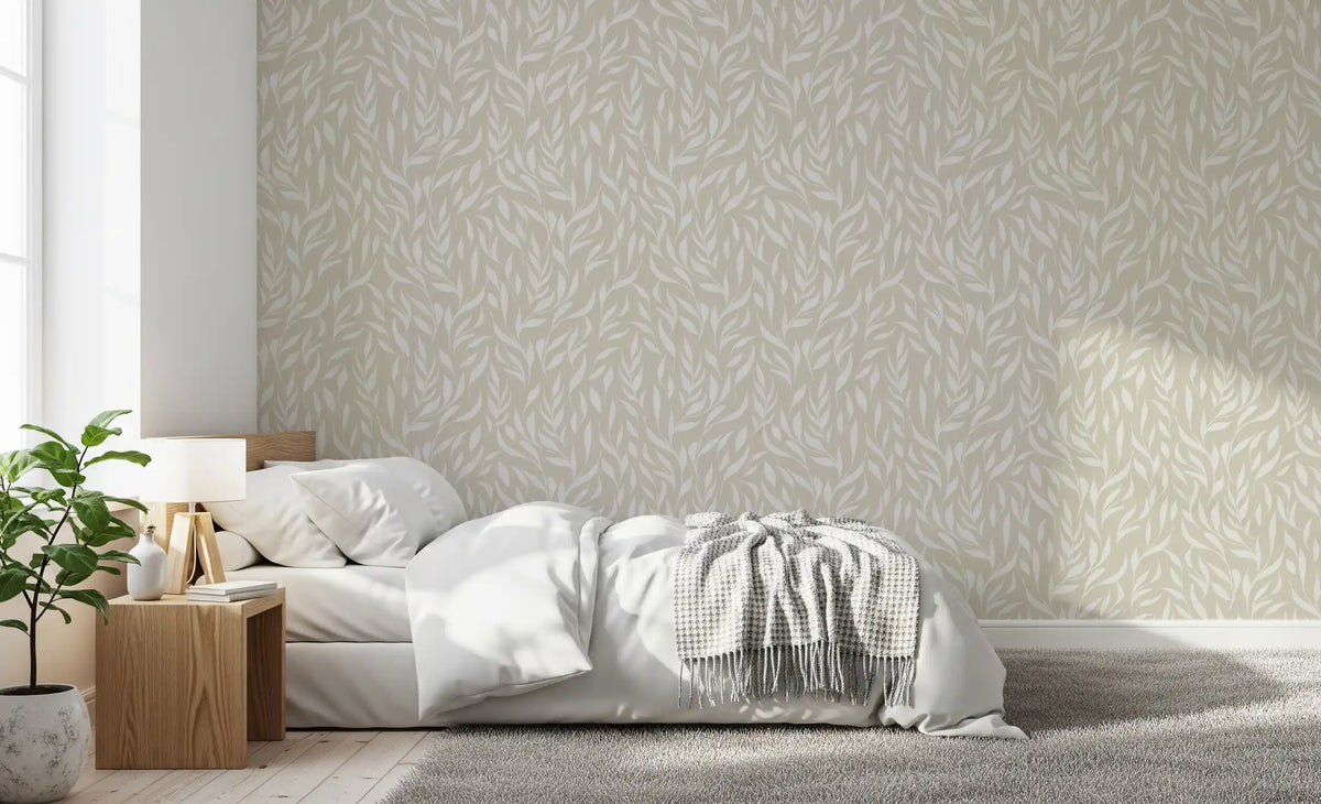 Serene botanical wallpaper in a bedroom with white bedding and wood nightstand GD12486