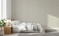 Serene botanical wallpaper in a bedroom with white bedding and wood nightstand GD12486