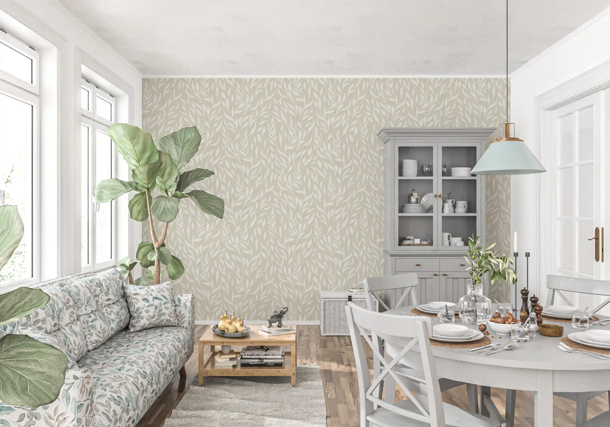 Serene botanical leaves wallpaper in a sunlit living and dining space GD12486
