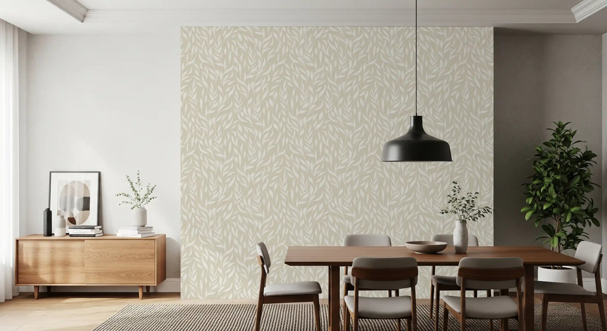 Cream leaf wallpaper in a dining room with dark wood table and sideboard GD12486