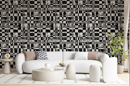 Abstract ink grid mural wallpaper behind a white curved sofa and ottomans GD12488