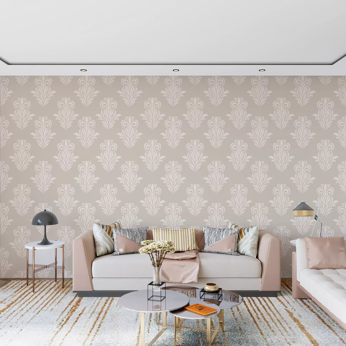 Cream damask scroll wallpaper in a living room with a blush sofa and patterned rug GD12492