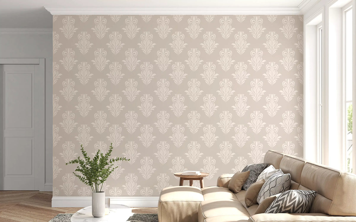 Living room corner with a beige sofa and white vase on creamy damask wallpaper GD12492