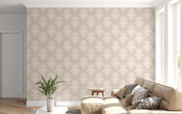 Living room corner with a beige sofa and white vase on creamy damask wallpaper GD12492