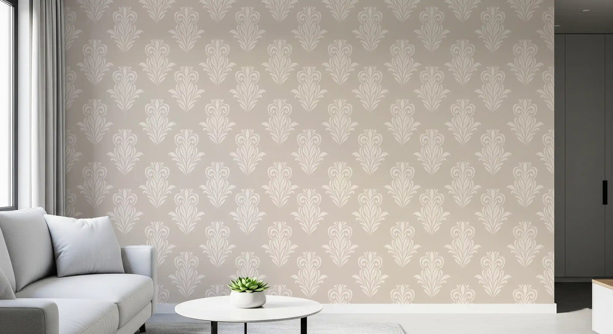 White sofa and small round table in a corner styled with creamy damask wallpaper GD12492