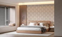 Blush upholstered bed and window blinds framed by cream damask scroll wallpaper GD12492
