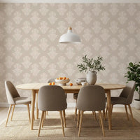Creamy damask scroll pattern wallpaper in a dining room with a round wood table GD12492