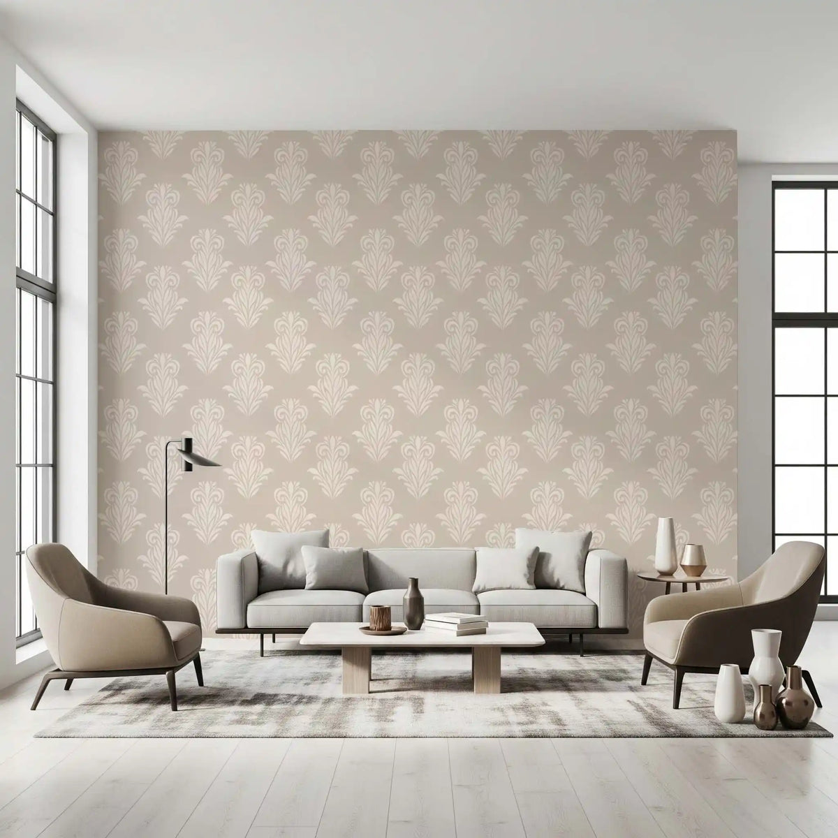 Beige sofas and armchairs in a bright living room with damask scroll wallpaper GD12492