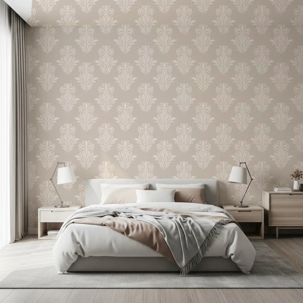 Bedroom with grey bedding and twin lamps against creamy damask scroll wallpaper GD12492