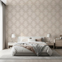 Bedroom with grey bedding and twin lamps against creamy damask scroll wallpaper GD12492