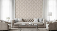 Creamy damask scroll pattern wallpaper behind a tufted beige sofa and glass table GD12492