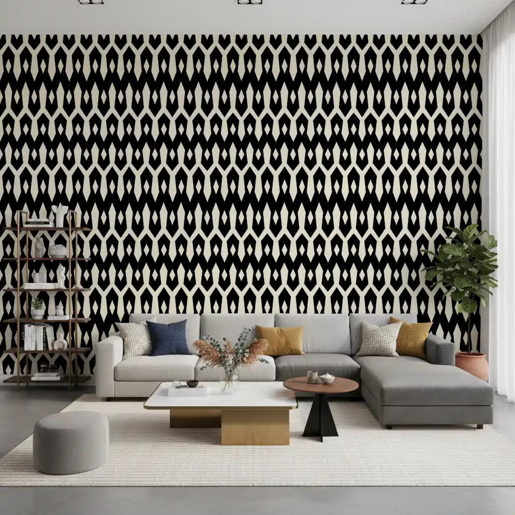Grey sectional and shelf in a living room styled with black and cream diamond wallpaper GD12494
