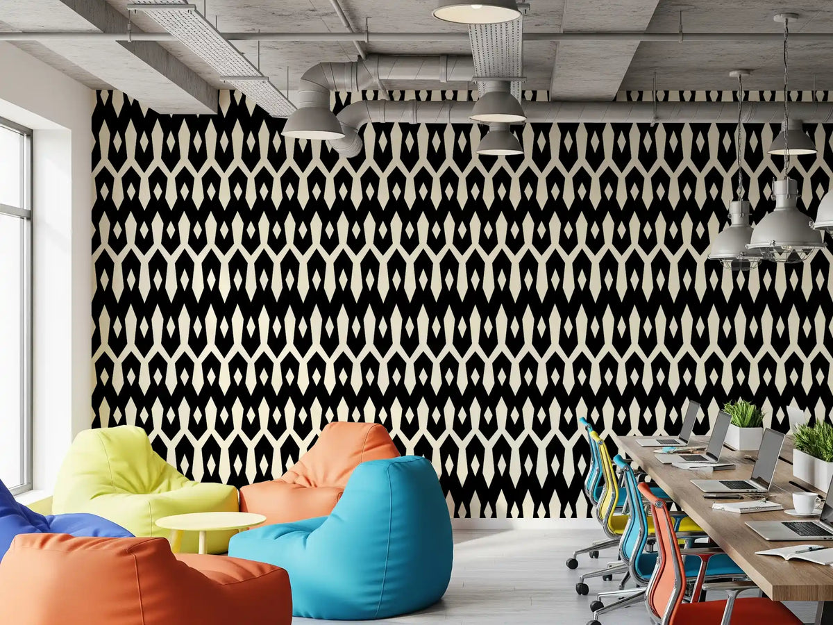 Colourful bean bags in a breakout office with black and cream diamond wallpaper GD12494