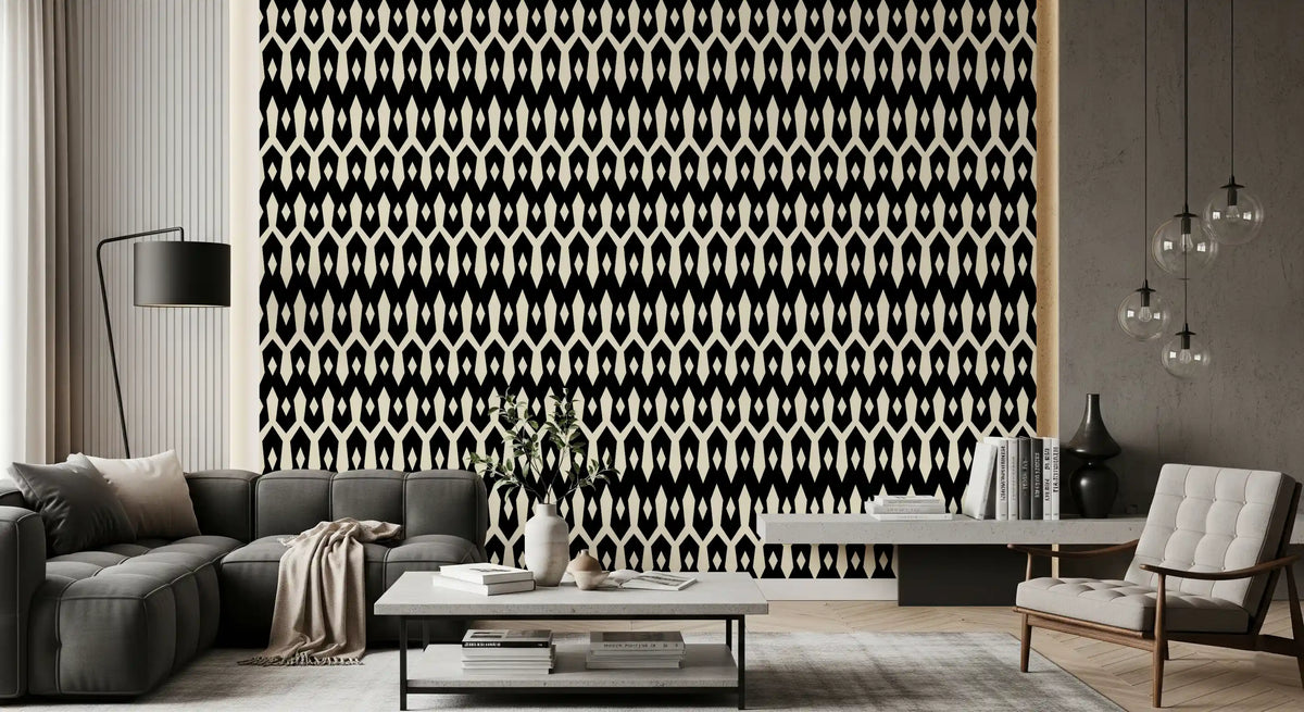 Grey sofa and coffee table against abstract interlocking diamond wallpaper GD12494