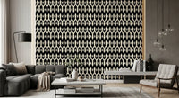 Grey sofa and coffee table against abstract interlocking diamond wallpaper GD12494