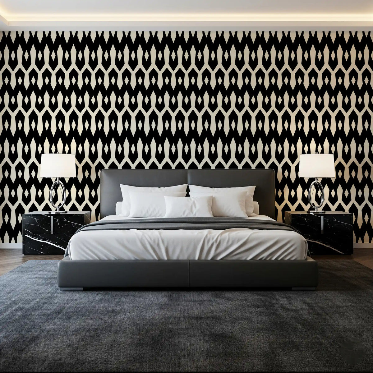 Dark grey bed and twin lamps framed by abstract interlocking diamond motif wallpaper GD12494