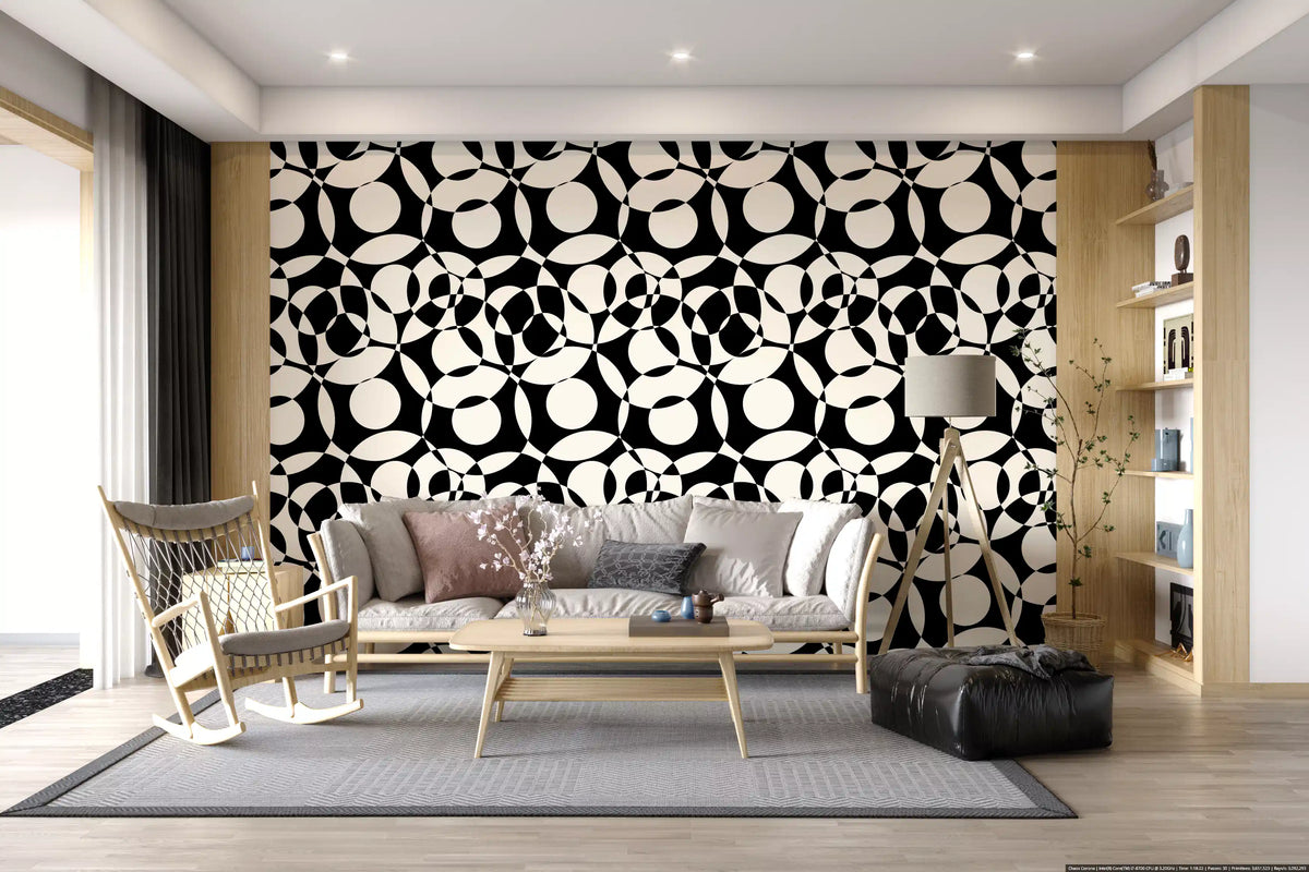 Monochrome circles wallpaper in a living room with rocking chair and leather ottoman GD12497
