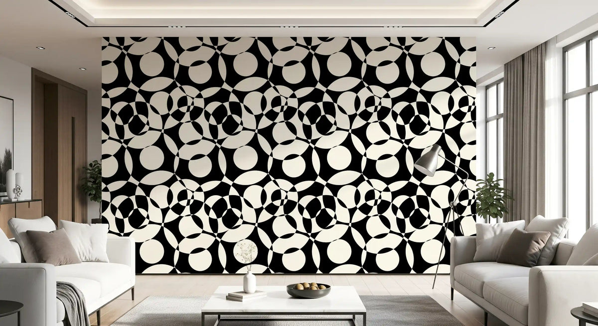 Monochrome circles wallpaper feature wall in a bright white living room GD12497