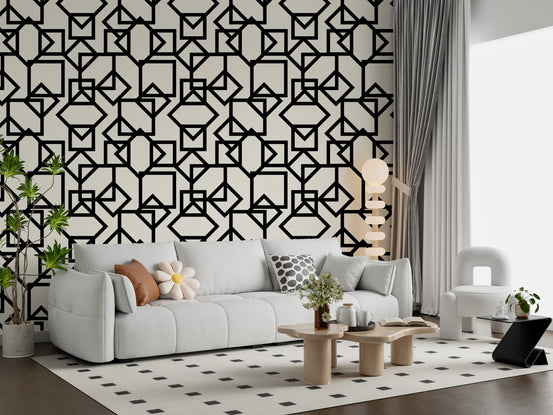 Geometric linear wallpaper behind a white sofa with round wood tables GD12499
