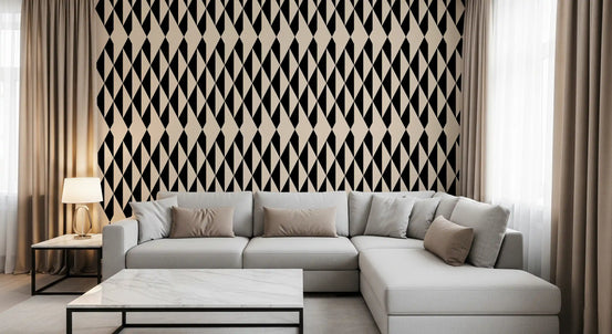 Geometric diamonds wallpaper behind a grey sectional and marble coffee table GD12500