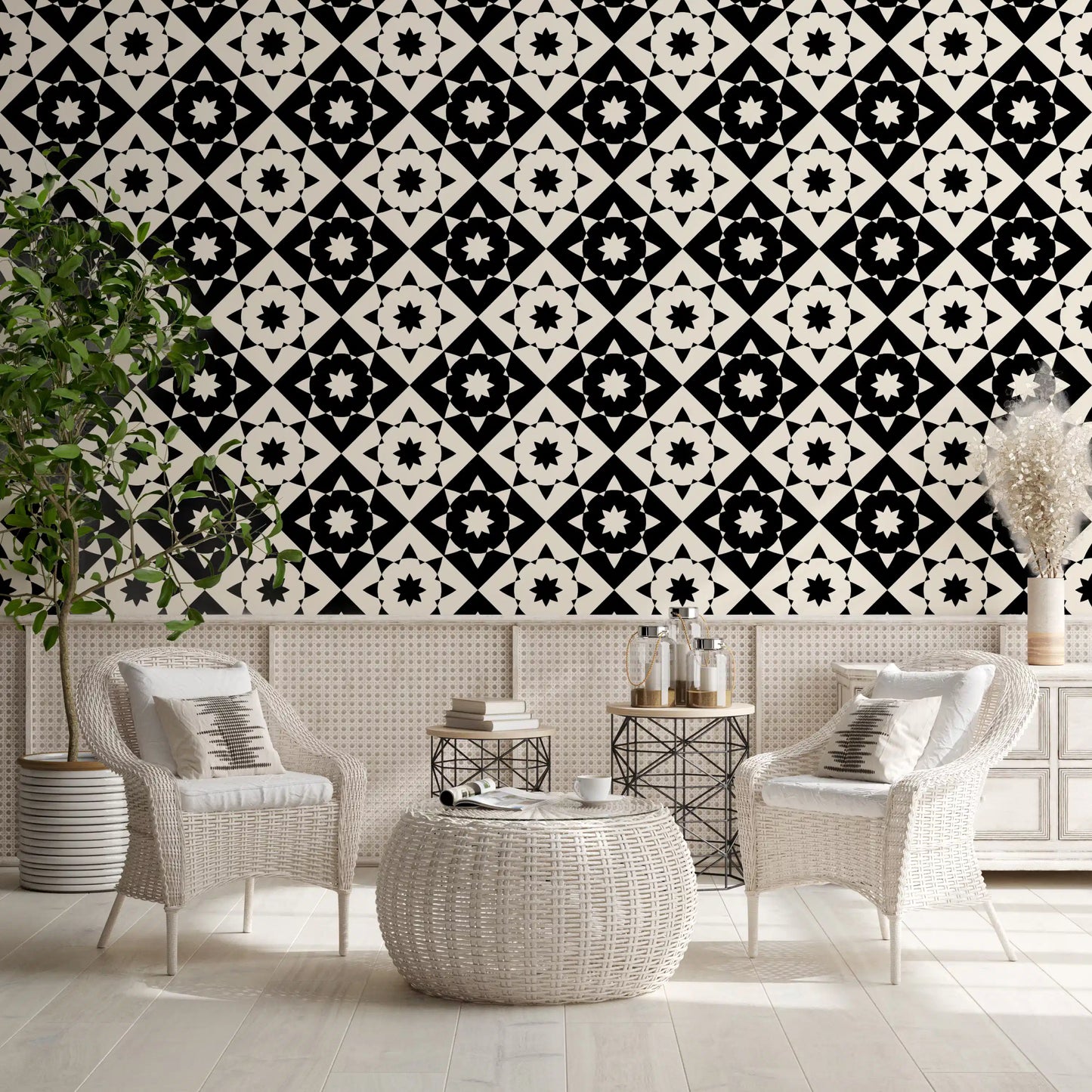 Graphic Starburst Geometric Motif Wallpaper⁠