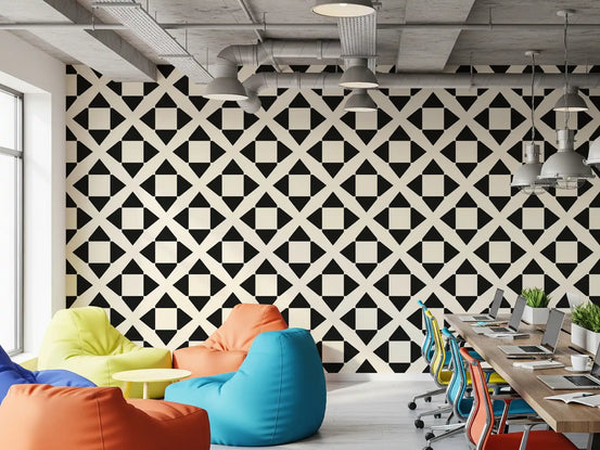 Black and cream diamond grid wallpaper in an industrial loft office with colourful bean bags GD12504