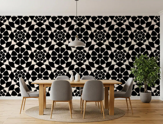 Black and cream geometric circle grid wallpaper in a dining room with grey chairs GD12506
